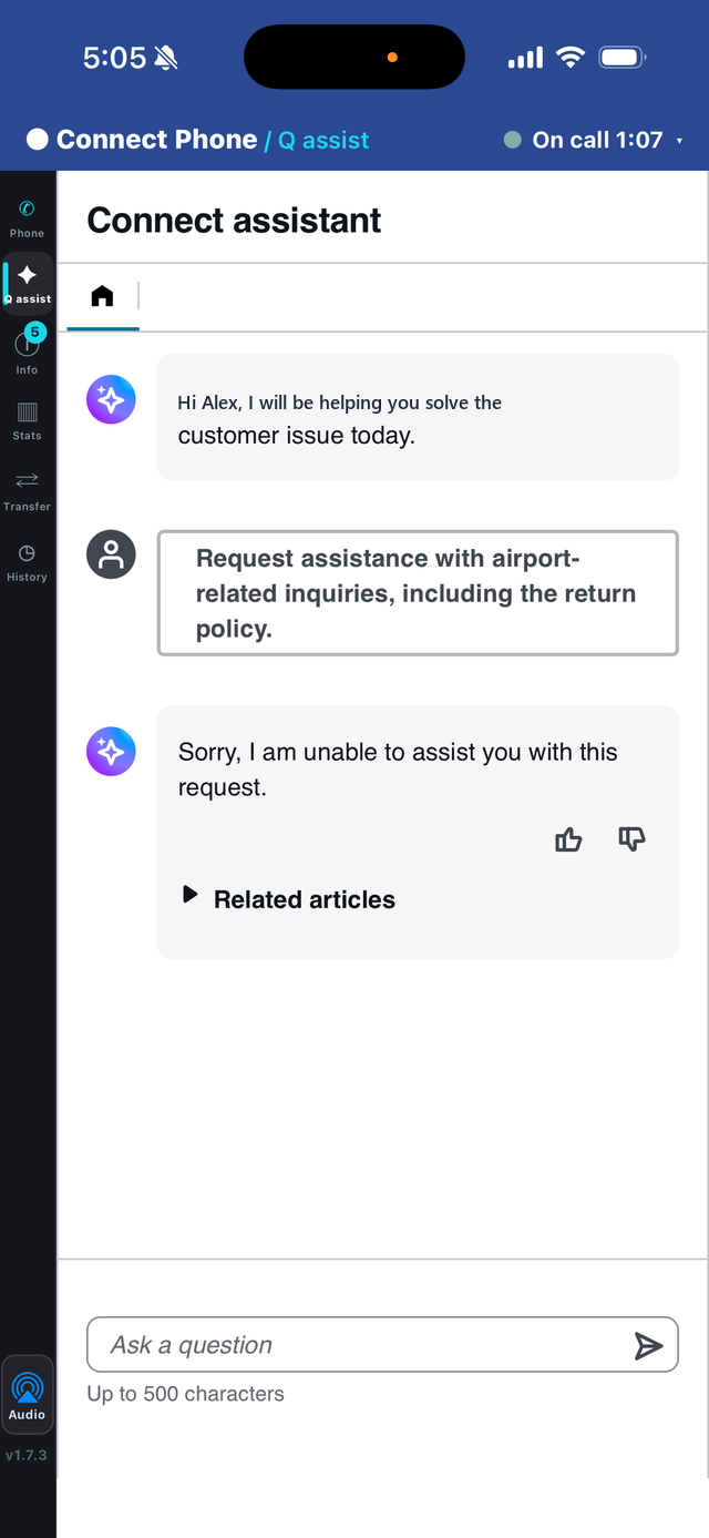 Connect Phone — Amazon Q assist answering an agent question beside a live Amazon Connect call on iPhone