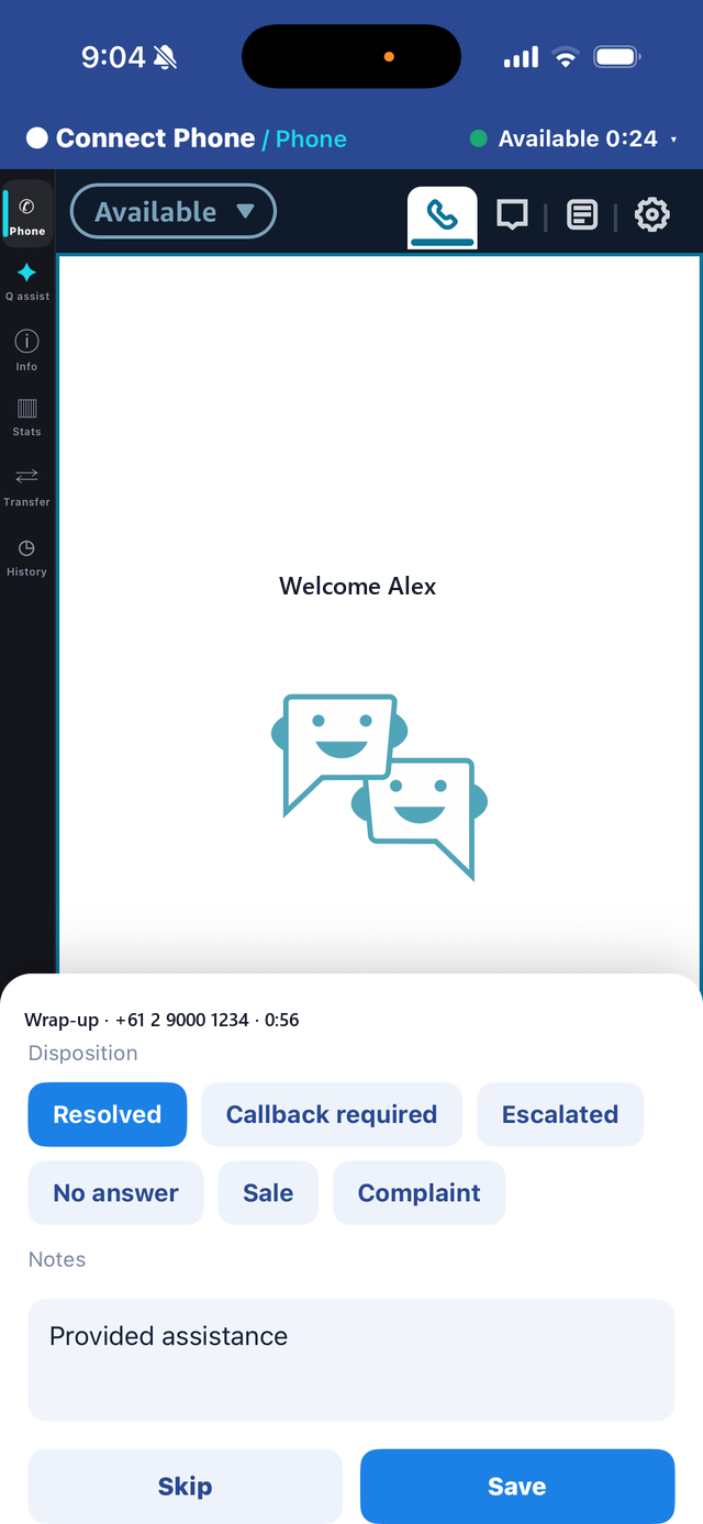 Connect Phone — post-call wrap-up with disposition and notes written back to the Amazon Connect contact