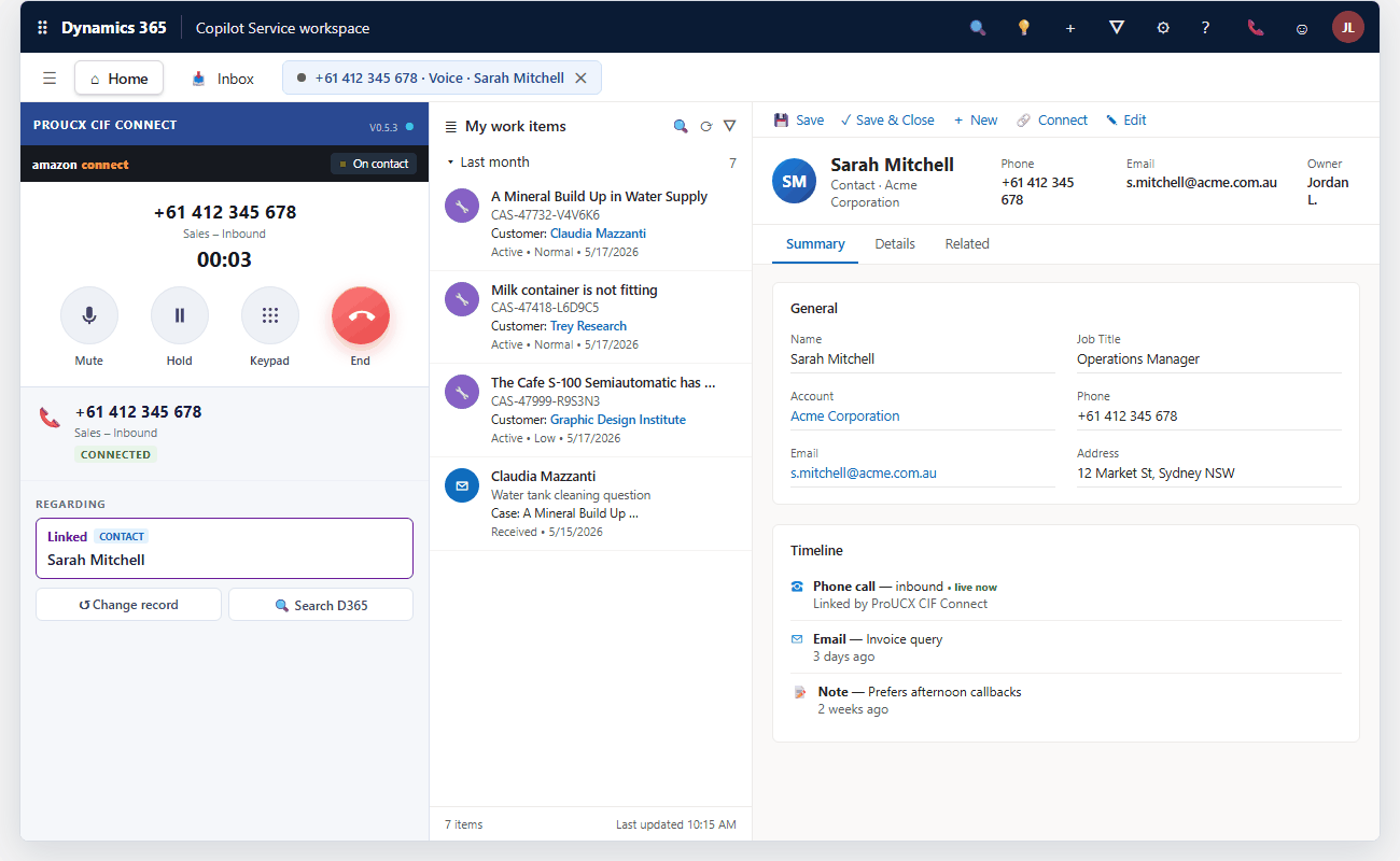 ProUCX CIF Connect on a live call inside Dynamics 365 with the caller's contact screen-popped