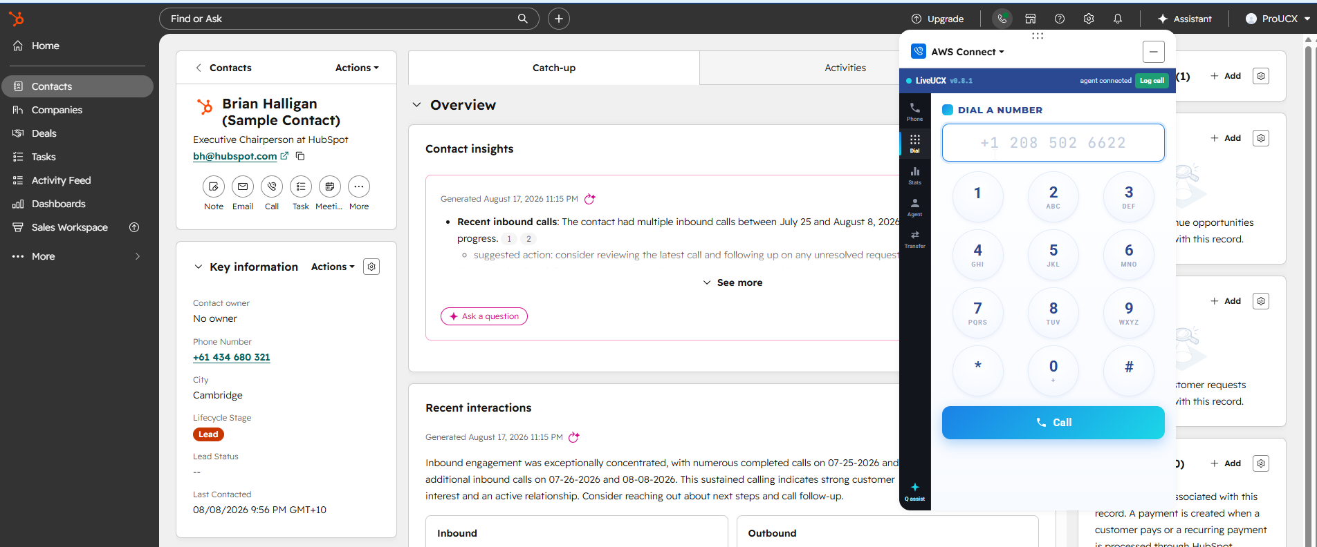 The Amazon Connect softphone embedded in HubSpot, dialling from a contact record